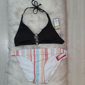 NWT 2 piece bathing suit brown top stripes bottom